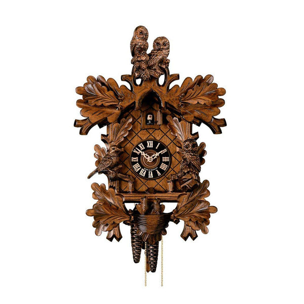  Cuckoo Clock - Carved 8-day cuckoo clock with pair of owls, owl, bird and nest with chicks 45cm by Hönes - Cuckoo Collections
