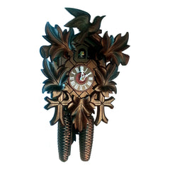  Cuckoo Clock - Carved 8-day cuckoo clock with stained wood and five leaf design 35.5cm by Hubert Herr - Cuckoo Collections