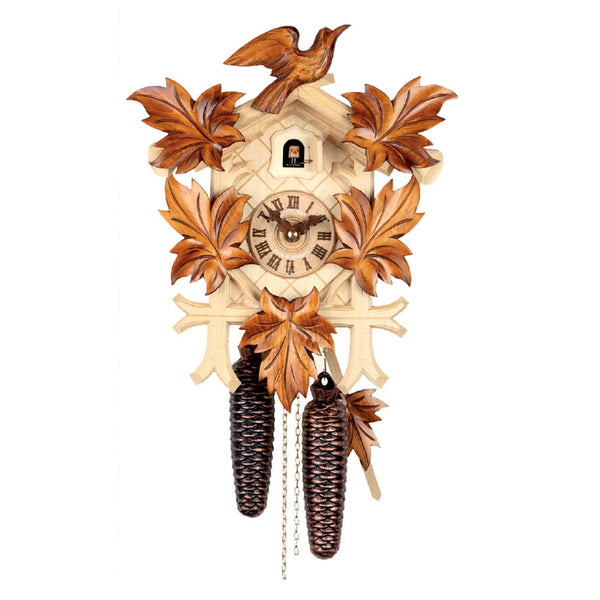  Cuckoo Clock - Carved 8-day cuckoo clock with two-tone carved bird and brown maple leaves 35.5cm by Hubert Herr - Cuckoo Collections