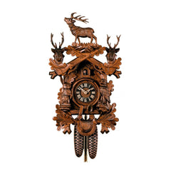  Cuckoo Clock - Carved 8-day hunting style cuckoo clock with large stag, dual stag heads, rabbit and bird 52cm by Hönes - Cuckoo Collections