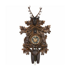 Cuckoo Clock - Carved 8-day hunting style cuckoo clock with large stag, rifles, fürst pless horn, rabbit, falcon, and game bag 48cm by Hönes - Cuckoo Collections