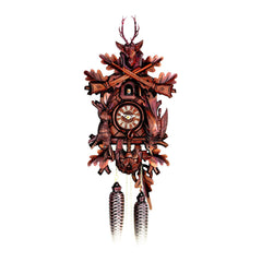  Cuckoo Clock - Carved 8-day Hunting-style cuckoo clock with rifles, hanging rabbit, pheasant, plesshorn and game-bag 55cm by Hubert Herr - Cuckoo Collections
