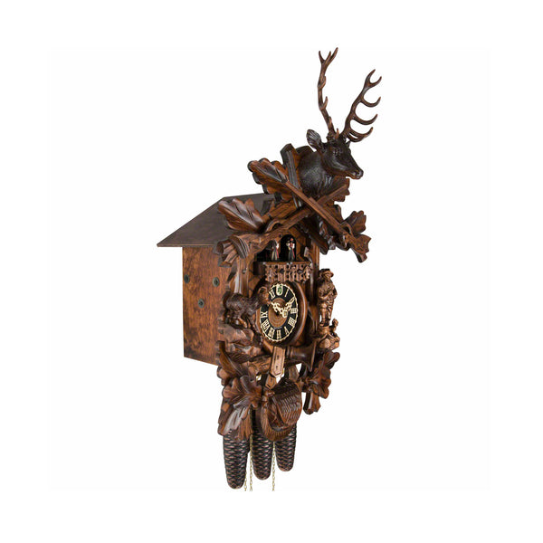  Cuckoo Clock - Carved 8-day hunting style musical cuckoo clock stag head, ibex, hunter, rifles, pless-horn, and dancers 61cm by Hönes - Cuckoo Collections