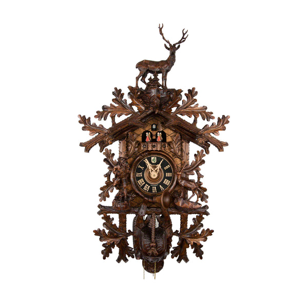  Cuckoo Clock - Carved 8-day hunting style musical cuckoo clock with large stag, ibex, hunter, fürst pless-horn, and dancers 95cm by Hönes - Cuckoo Collections