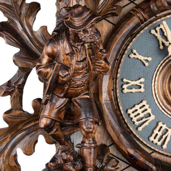  Cuckoo Clock - Carved 8-day hunting style musical cuckoo clock with large stag, ibex, hunter, fürst pless-horn, and dancers 95cm by Hönes - Cuckoo Collections