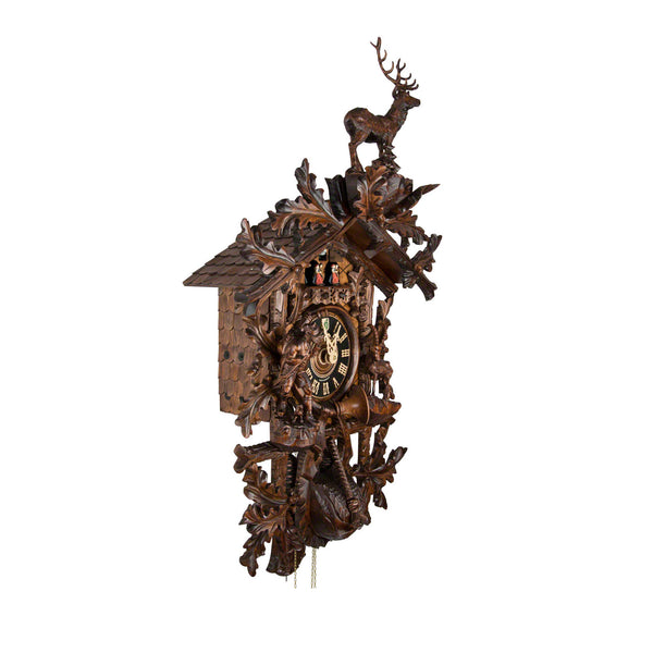  Cuckoo Clock - Carved 8-day hunting style musical cuckoo clock with large stag, ibex, hunter, fürst pless-horn, and dancers 95cm by Hönes - Cuckoo Collections