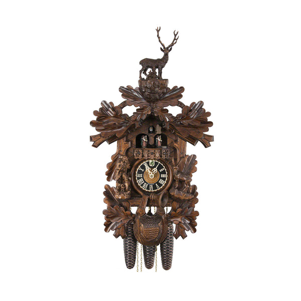  Cuckoo Clock - Carved 8-day hunting style musical cuckoo clock with large stag, ibex, hunter, pless-horn and dancers 62cm by Hönes - Cuckoo Collections