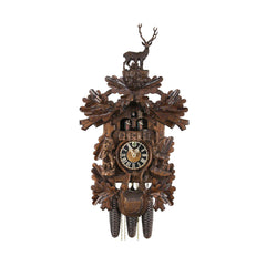  Cuckoo Clock - Carved 8-day hunting style musical cuckoo clock with large stag, ibex, hunter, pless-horn and dancers 62cm by Hönes - Cuckoo Collections