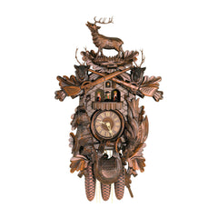  Cuckoo Clock - Carved 8-day hunting-style musical cuckoo clock with large stag, mounted stag heads, game animals and dancers 60cm by Hekas - Cuckoo Collections