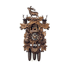  Cuckoo Clock - Carved 8-day hunting style musical cuckoo clock with large stag, two stag heads, falcon, hare, rifles, fürst pless-horn, and dancers 62cm by Hönes - Cuckoo Collections