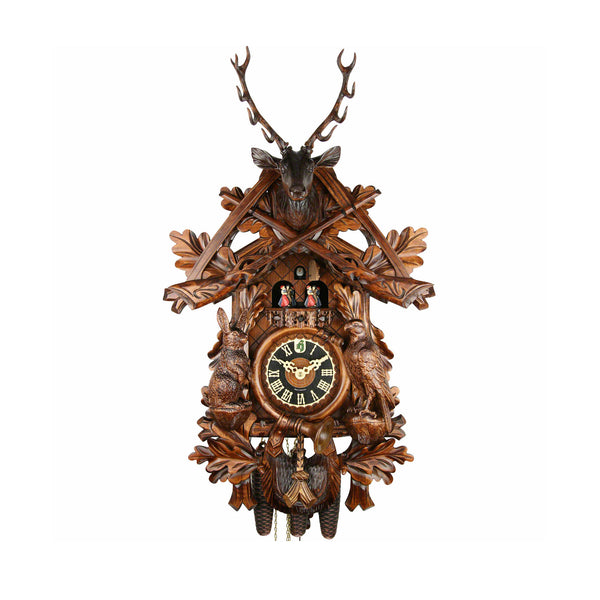  Cuckoo Clock - Carved 8-day hunting style musical cuckoo clock with stag head, rifles, pheasant, hare, fürst pless-horn, and dancers 72cm by Hönes - Cuckoo Collections
