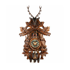  Cuckoo Clock - Carved 8-day hunting style musical cuckoo clock with stag head, rifles, pheasant, hare, fürst pless-horn, and dancers 72cm by Hönes - Cuckoo Collections
