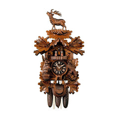  Cuckoo Clock - Carved 8-day hunting style musical cuckoo clock with stag, rabbit, bird, and dancers 98cm by Hönes - Cuckoo Collections