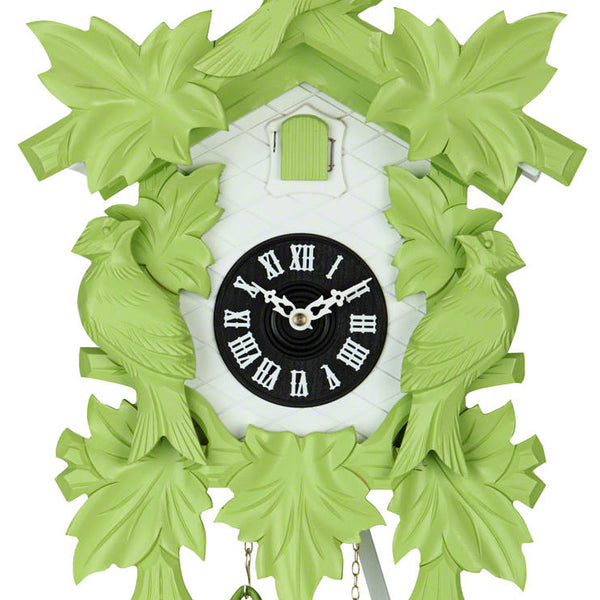  Cuckoo Clock - Carved 8-day (Light green) cuckoo clock with large cuckoo bird, two woodpeckers, and seven maples leaves 40cm by Hekas - Cuckoo Collections