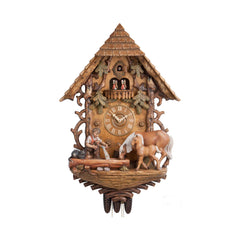  Cuckoo Clock - Carved 8-day musical colourful cuckoo clock with carved chalet facade, boy with water, horses, cat, owls and dancers 92cm by Hönes - Cuckoo Collections