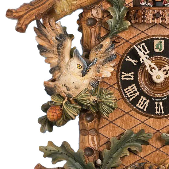  Cuckoo Clock - Carved 8-day musical colourful cuckoo clock with two large owls, six small owls, oak leaves, and dancers 87cm by Hönes - Cuckoo Collections