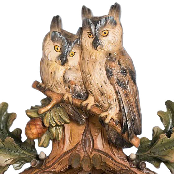  Cuckoo Clock - Carved 8-day musical colourful cuckoo clock with two large owls, six small owls, oak leaves, and dancers 87cm by Hönes - Cuckoo Collections