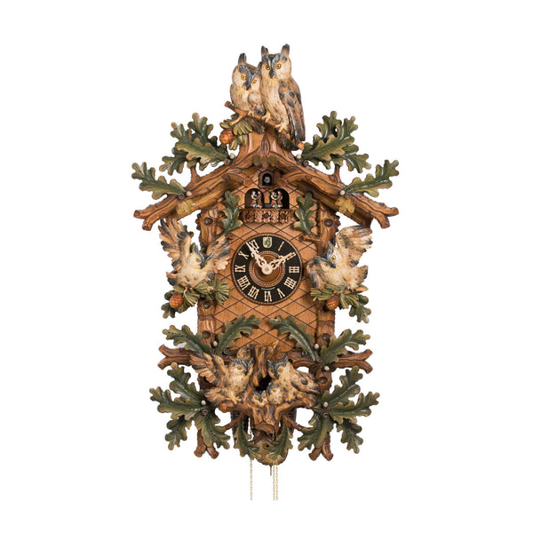 Cuckoo Clock - Carved 8-day musical colourful cuckoo clock with two large owls, six small owls, oak leaves, and dancers 87cm by Hönes - Cuckoo Collections
