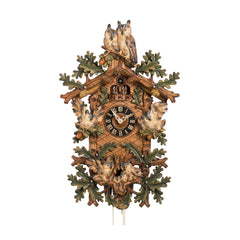  Cuckoo Clock - Carved 8-day musical colourful cuckoo clock with two large owls, six small owls, oak leaves, and dancers 87cm by Hönes - Cuckoo Collections