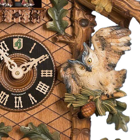  Cuckoo Clock - Carved 8-day musical colourful cuckoo clock with two large owls, six small owls, oak leaves, and dancers 87cm by Hönes - Cuckoo Collections