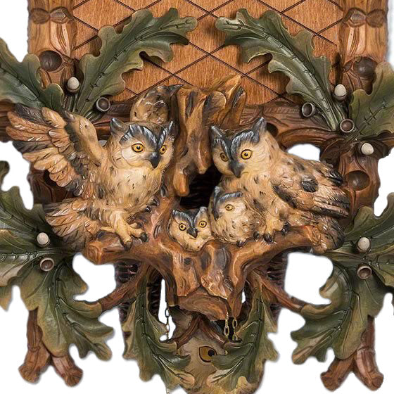  Cuckoo Clock - Carved 8-day musical colourful cuckoo clock with two large owls, six small owls, oak leaves, and dancers 87cm by Hönes - Cuckoo Collections