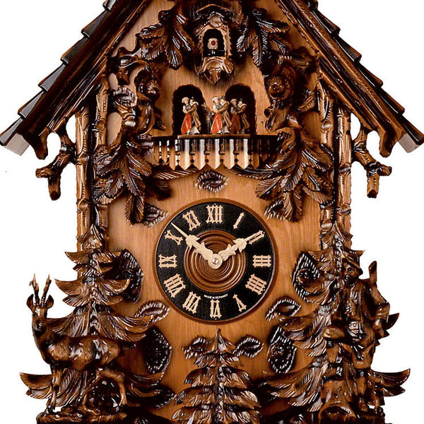  Cuckoo Clock - Carved 8-day musical cuckoo clock with chalet roof and carved facade, ibex, hunter, fir trees and dancers 92cm by Hönes - Cuckoo Collections