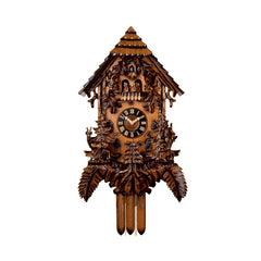  Cuckoo Clock - Carved 8-day musical cuckoo clock with chalet roof and carved facade, ibex, hunter, fir trees and dancers 92cm by Hönes - Cuckoo Collections