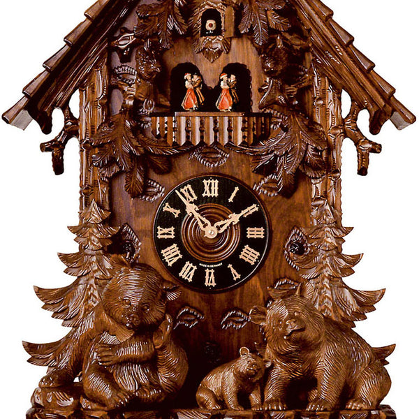  Cuckoo Clock - Carved 8-day musical cuckoo clock with chalet roof and carved facade, family of bears, fir trees, and dancers 92cm by Hönes - Cuckoo Collections