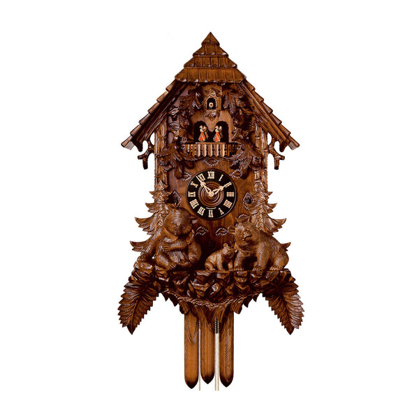  Cuckoo Clock - Carved 8-day musical cuckoo clock with chalet roof and carved facade, family of bears, fir trees, and dancers 92cm by Hönes - Cuckoo Collections