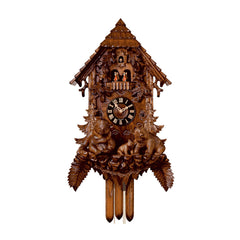  Cuckoo Clock - Carved 8-day musical cuckoo clock with chalet roof and carved facade, family of bears, fir trees, and dancers 92cm by Hönes - Cuckoo Collections