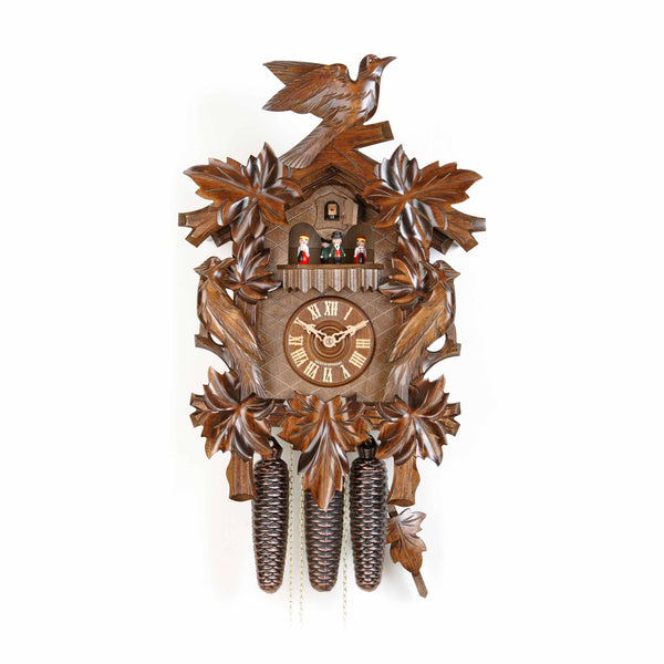  Cuckoo Clock - Carved 8-day musical cuckoo clock with cuckoo bird, woodpeckers and seven maple leaves 50cm by Hekas - Cuckoo Collections