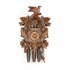  Cuckoo Clock - Carved 8-day musical cuckoo clock with cuckoo bird, woodpeckers and seven maple leaves 50cm by Hekas - Cuckoo Collections