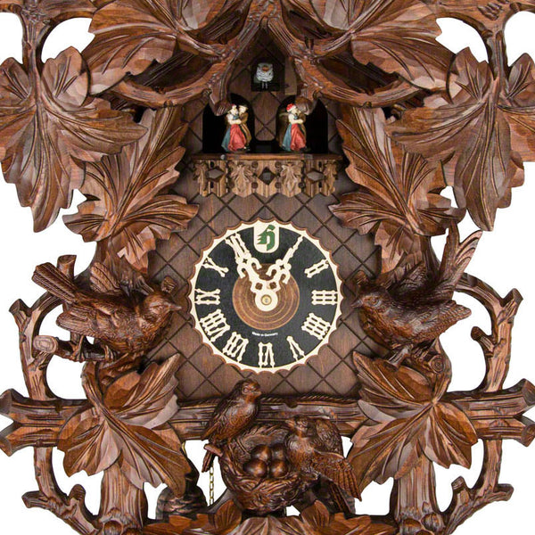  Cuckoo Clock - Carved 8-day musical cuckoo clock with large cuckoo birds, cuckoo bird family, egg-filled nest, maple leaves, and dancers 68cm by Hönes - Cuckoo Collections