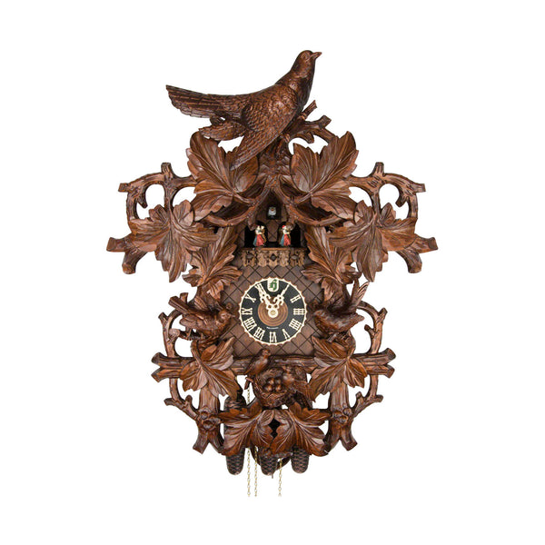  Cuckoo Clock - Carved 8-day musical cuckoo clock with large cuckoo birds, cuckoo bird family, egg-filled nest, maple leaves, and dancers 68cm by Hönes - Cuckoo Collections