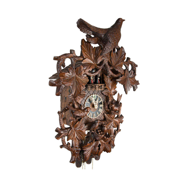  Cuckoo Clock - Carved 8-day musical cuckoo clock with large cuckoo birds, cuckoo bird family, egg-filled nest, maple leaves, and dancers 68cm by Hönes - Cuckoo Collections
