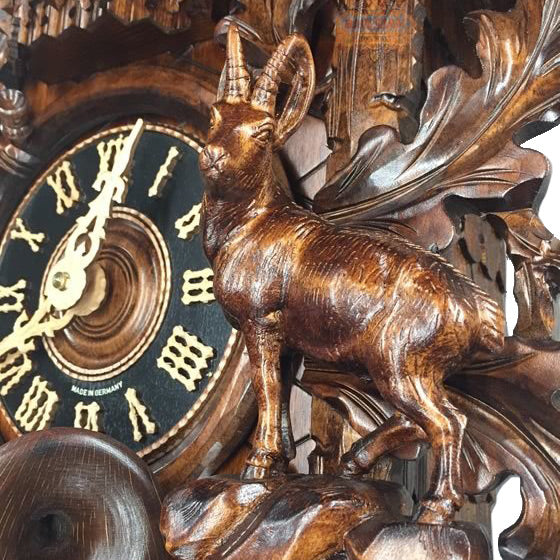  Cuckoo Clock - Carved 8-day musical cuckoo clock with large eagle, ibex, hunter, oak leaves and dancers 102cm by Hönes - Cuckoo Collections