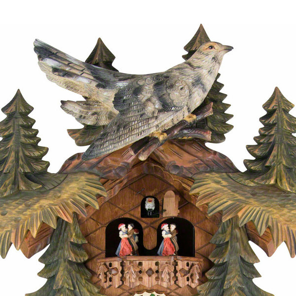  Cuckoo Clock - Carved 8-day musical cuckoo clock with large painted cuckoo bird, cuckoo nest with eggs, large painted fir trees, and dancers 57cm by Hönes - Cuckoo Collections