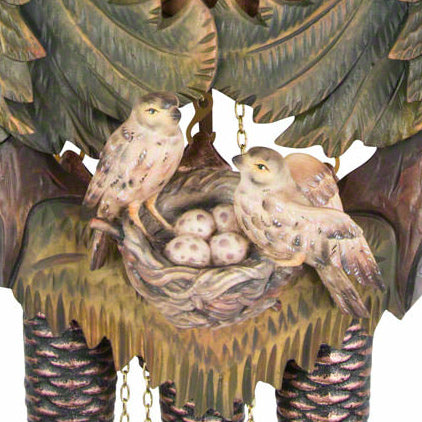  Cuckoo Clock - Carved 8-day musical cuckoo clock with large painted cuckoo bird, cuckoo nest with eggs, large painted fir trees, and dancers 57cm by Hönes - Cuckoo Collections