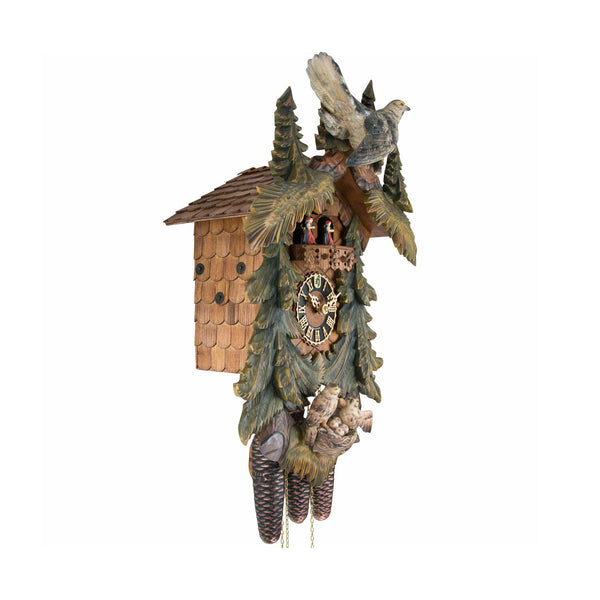  Cuckoo Clock - Carved 8-day musical cuckoo clock with large painted cuckoo bird, cuckoo nest with eggs, large painted fir trees, and dancers 57cm by Hönes - Cuckoo Collections