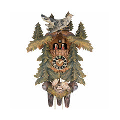  Cuckoo Clock - Carved 8-day musical cuckoo clock with large painted cuckoo bird, cuckoo nest with eggs, large painted fir trees, and dancers 57cm by Hönes - Cuckoo Collections