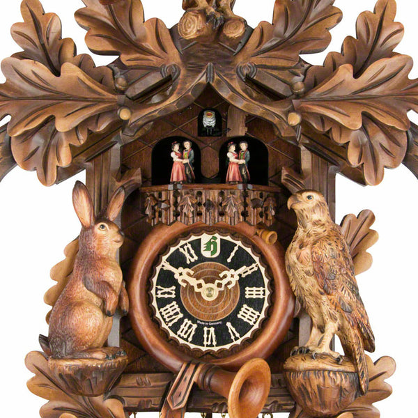  Cuckoo Clock - Carved 8-day musical cuckoo clock with large wood grouse, falcon, rabbit, fürst pless-horn, and dancers 52cm by Hönes - Cuckoo Collections