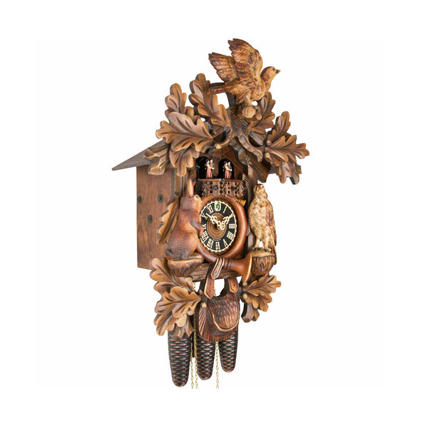  Cuckoo Clock - Carved 8-day musical cuckoo clock with large wood grouse, falcon, rabbit, fürst pless-horn, and dancers 52cm by Hönes - Cuckoo Collections