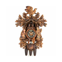  Cuckoo Clock - Carved 8-day musical cuckoo clock with large wood grouse, falcon, rabbit, fürst pless-horn, and dancers 52cm by Hönes - Cuckoo Collections