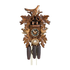  Cuckoo Clock - Carved 8-day musical cuckoo clock with seven leaves, three life-like birds and nest with eggs, and dancers 42cm by Hönes - Cuckoo Collections