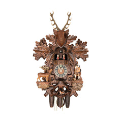  Cuckoo Clock - Carved 8-day hunting-style musical cuckoo clock with stag head, hunter, full-body stag, small fox, and dancers 59cm by Hönes - Cuckoo Collections