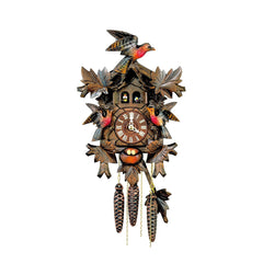  Cuckoo Clock - Carved 8-day musical cuckoo clock with twin doors, three colourful cuckoo birds, egg-filled nest and five maple leaves 36cm by Hubert Herr - Cuckoo Collections