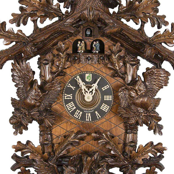  Cuckoo Clock - Carved 8-day musical cuckoo clock with two large owls, six small owls, oak leaves, and dancers 87cm by Hönes - Cuckoo Collections