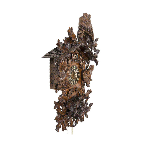  Cuckoo Clock - Carved 8-day musical cuckoo clock with two large owls, six small owls, oak leaves, and dancers 87cm by Hönes - Cuckoo Collections