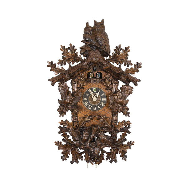  Cuckoo Clock - Carved 8-day musical cuckoo clock with two large owls, six small owls, oak leaves, and dancers 87cm by Hönes - Cuckoo Collections
