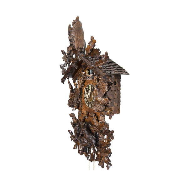  Cuckoo Clock - Carved 8-day musical cuckoo clock with two large owls, six small owls, oak leaves, and dancers 87cm by Hönes - Cuckoo Collections